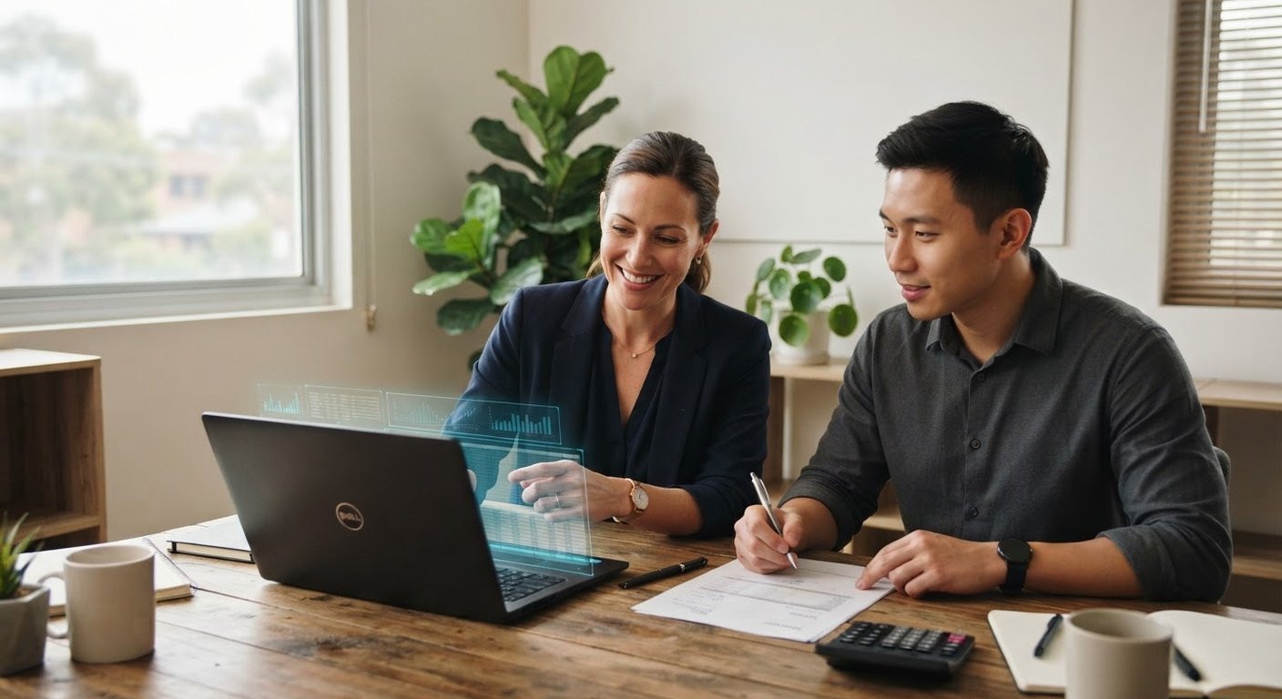 A woman and a man reviewing supplier invoices on a laptop in a private office