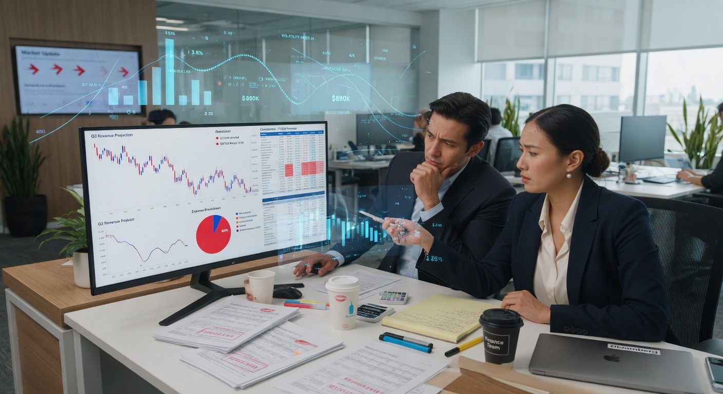 Foto realista de un hombre y una mujer en una oficina moderna revisando gráficos financieros en un ordenador, con datos holográficos azules flotando