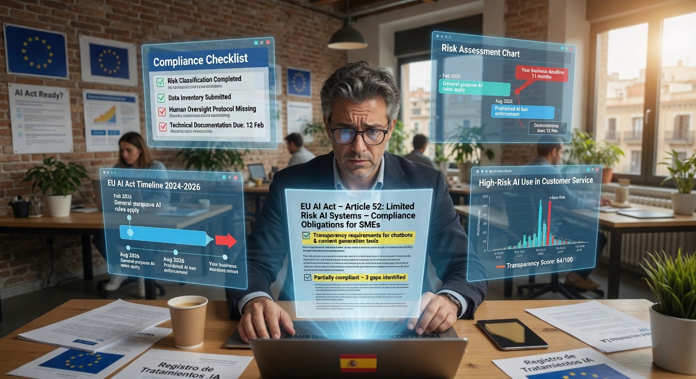 Infografía sobre el AI Act Europeo: obligaciones para pymes, niveles de riesgo y fecha límite de agosto de 2026