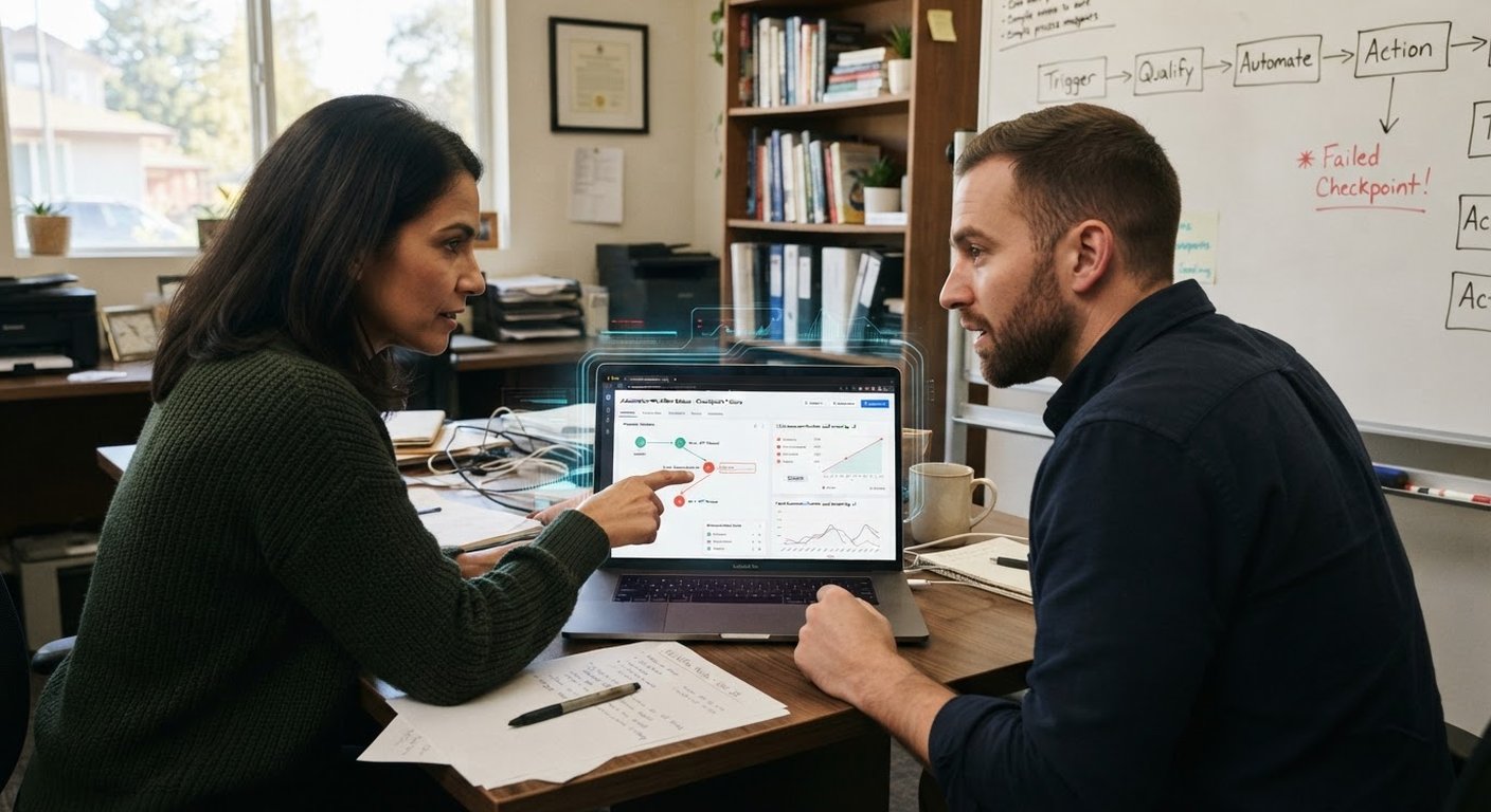 Compañeros revisando un proyecto de automatización con IA fallido