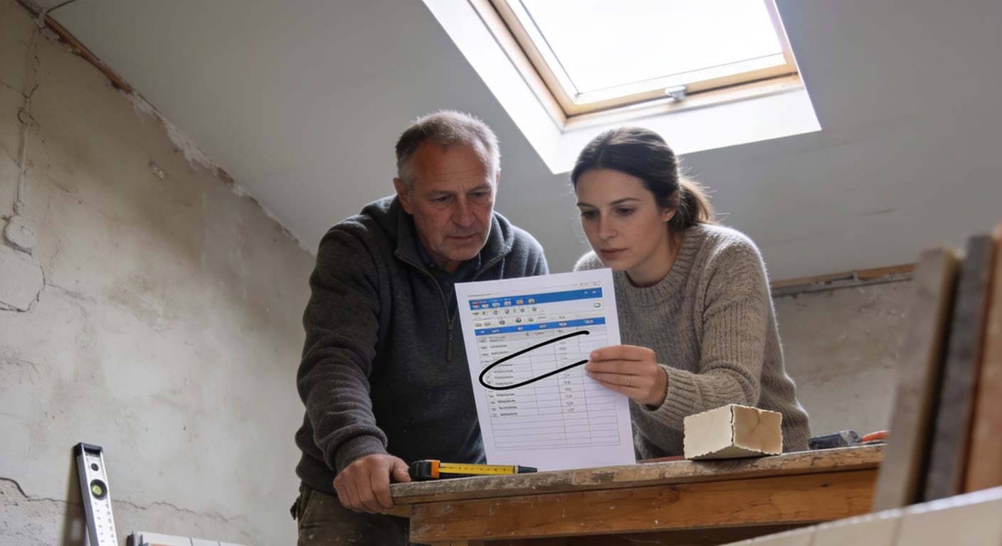 A tiler in work clothes and the office manager of a small building firm going over a printed spreadsheet of monthly tool costs on a workbench