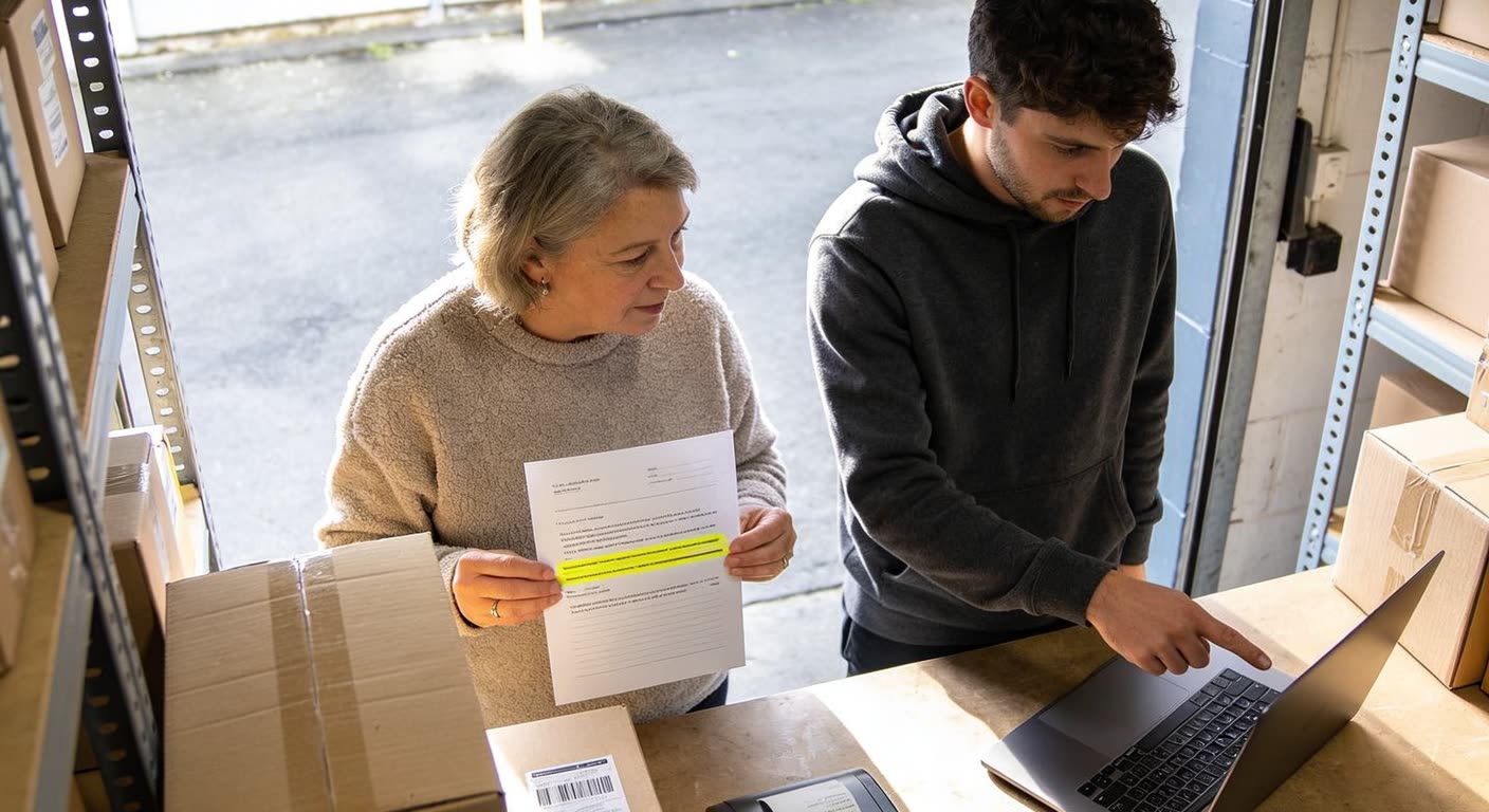 View from above of the packing corner of a small online shop: a woman owner holding a printed sheet with a highlighted line and a young employee pointing at a laptop turned away from the camera, surrounded by cardboard boxes