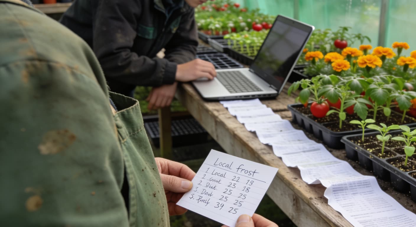 Over-the-shoulder view inside a garden centre potting shed: a woman in a soil-stained green apron holds a handwritten card of local frost dates in sharp focus while her young colleague leans over a bench crowded with tomato and marigold seedlings, a laptop turned sideways behind him and printed pages running along the bench