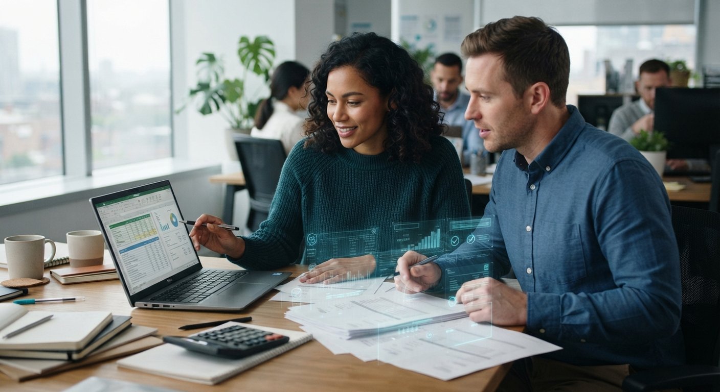 A woman and a man reviewing invoices and business documents together at an office desk