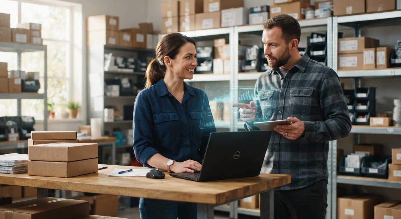 A woman and a man reviewing inventory data beside product boxes in a small-business stockroom