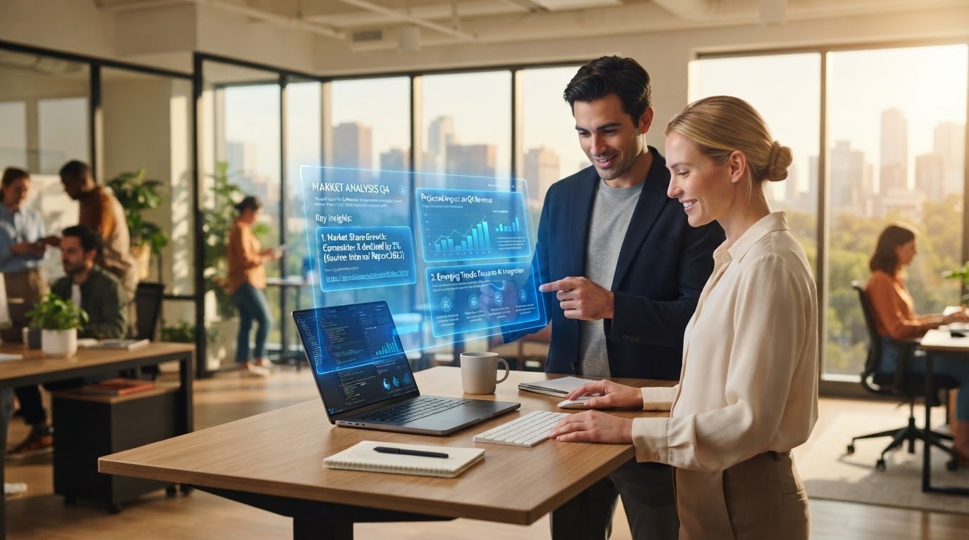 A man and a woman in an office reviewing answers from a private AI knowledge base on a blue holographic interface