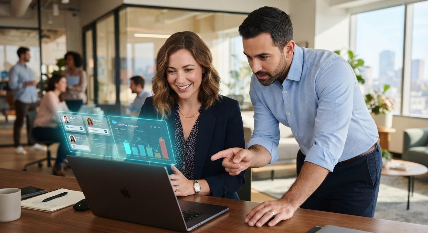 Two colleagues in an office reviewing sales leads on a laptop with a subtle blue holographic AI pipeline overlay