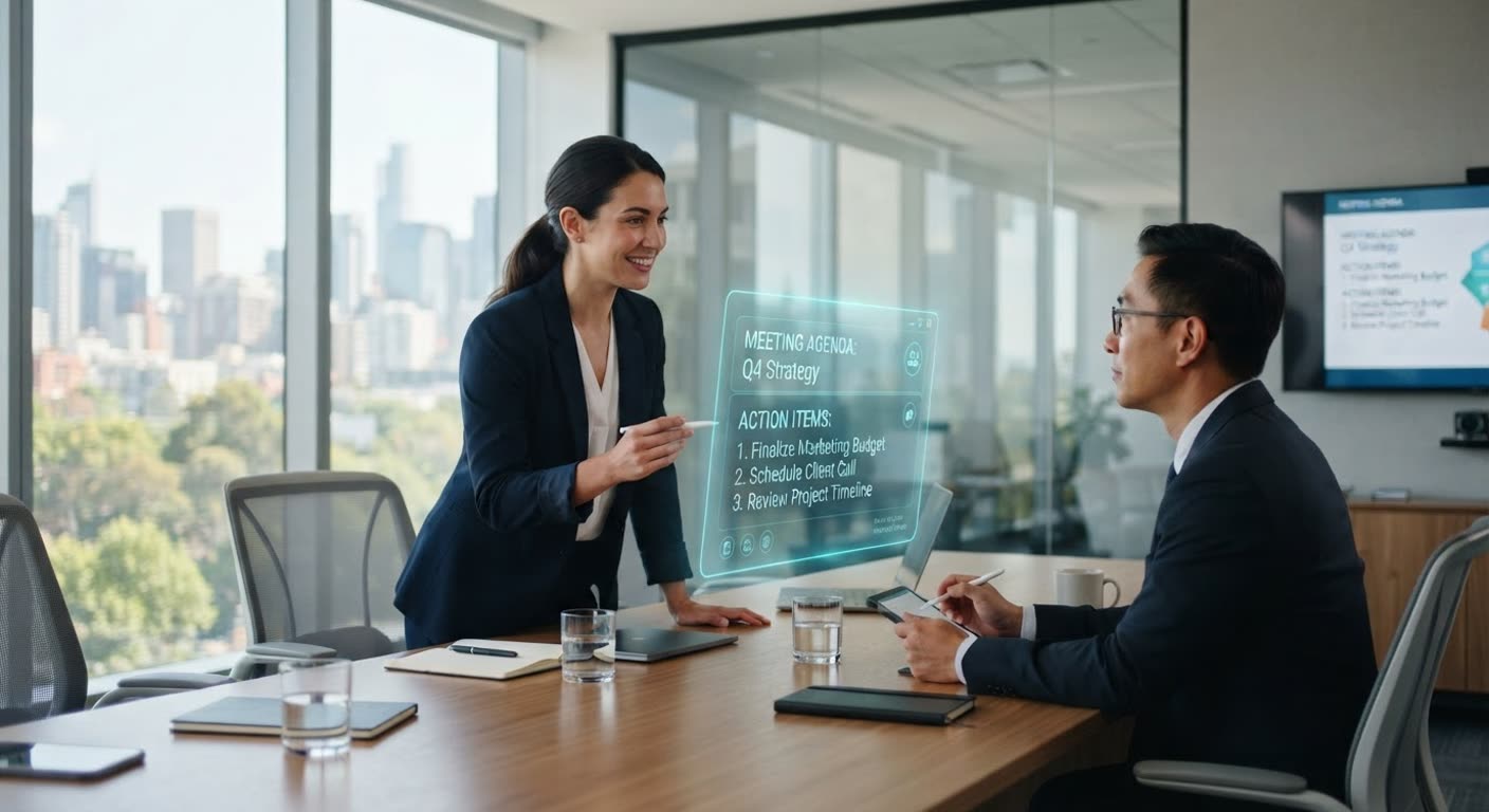 Two business professionals in a bright office meeting with subtle blue-cyan holographic AI notes floating above the table