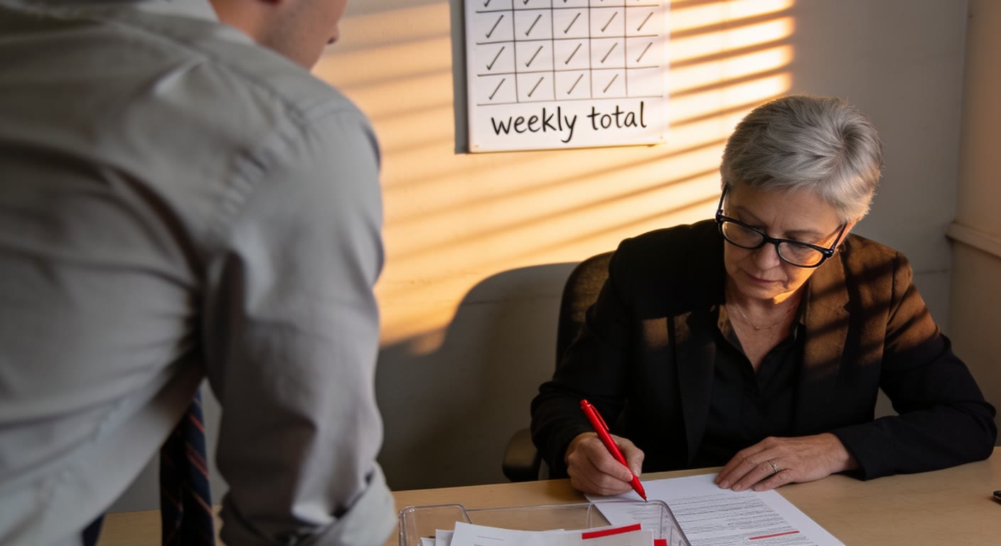 A young colleague standing over the desk while an older woman marks printed documents in red pen beside a whiteboard of tally marks