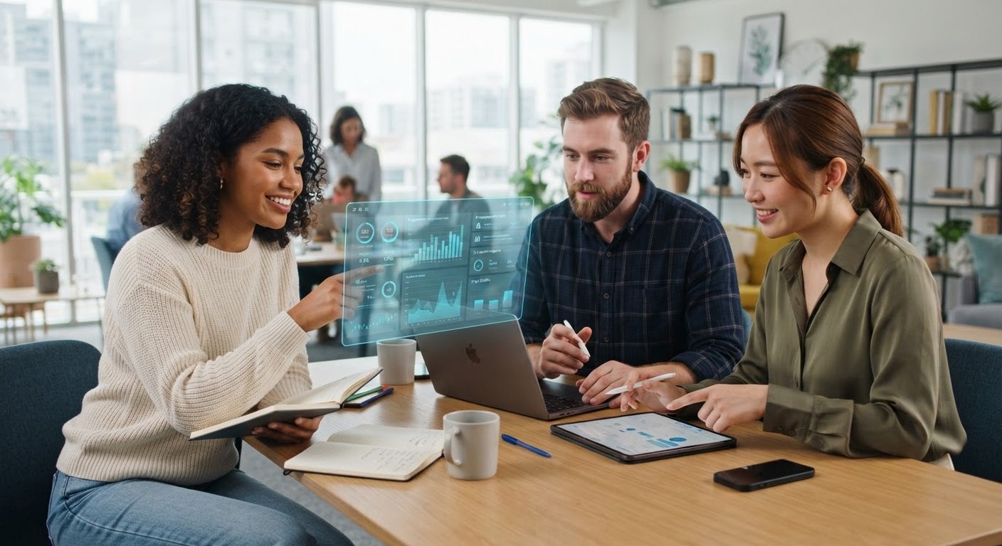 Three marketing team members in a bright office reviewing social media content on laptops, with a subtle blue holographic AI analytics panel floating above the desk
