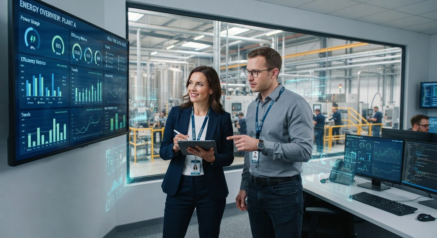 Dos profesionales en la sala de control de una empresa industrial revisando paneles con datos de consumo energético y eficiencia