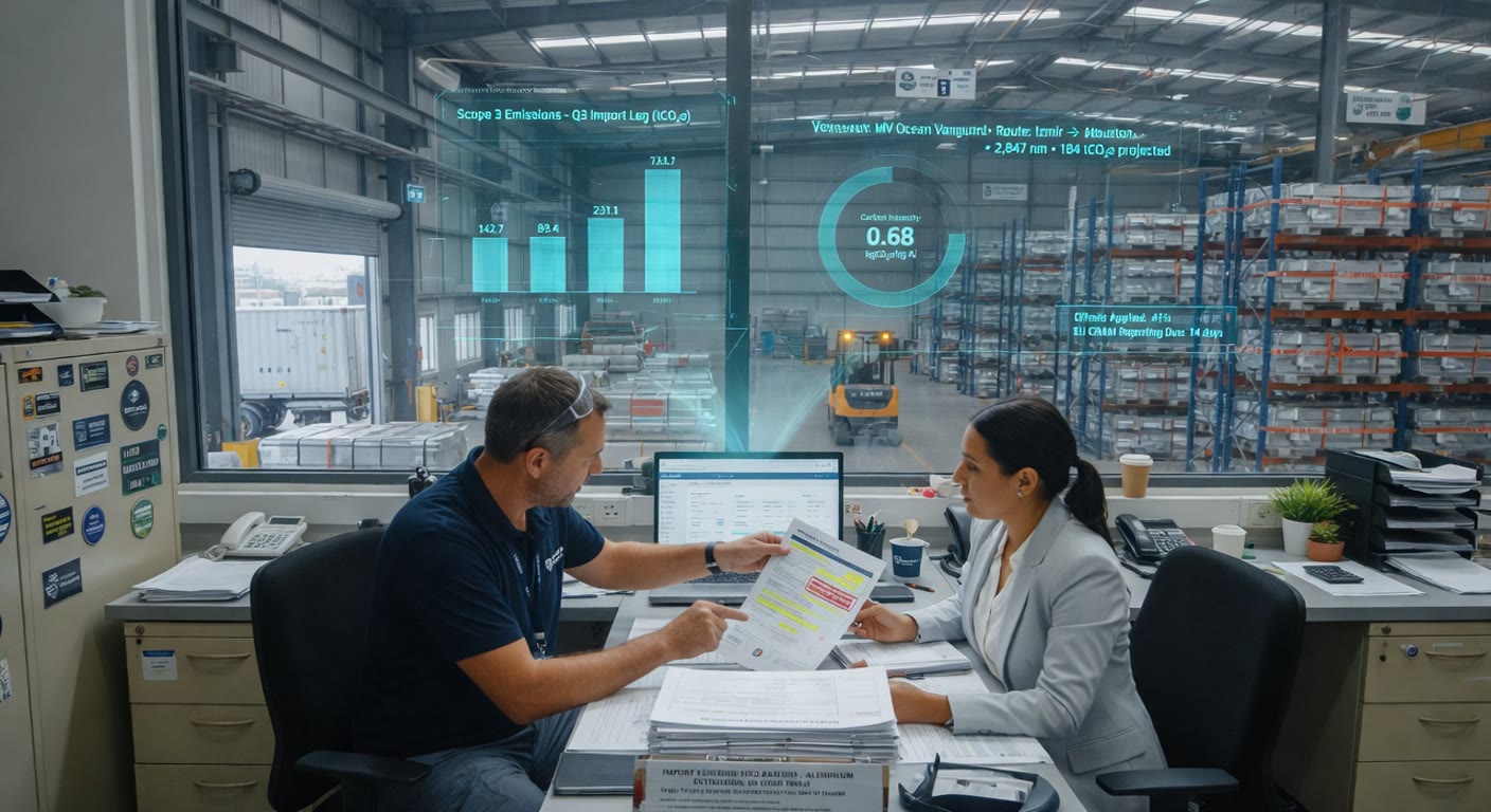 Dos profesionales, un hombre y una mujer, revisando documentos de aduana en un portátil en una oficina de empresa industrial, con almacén de acero y aluminio al fondo