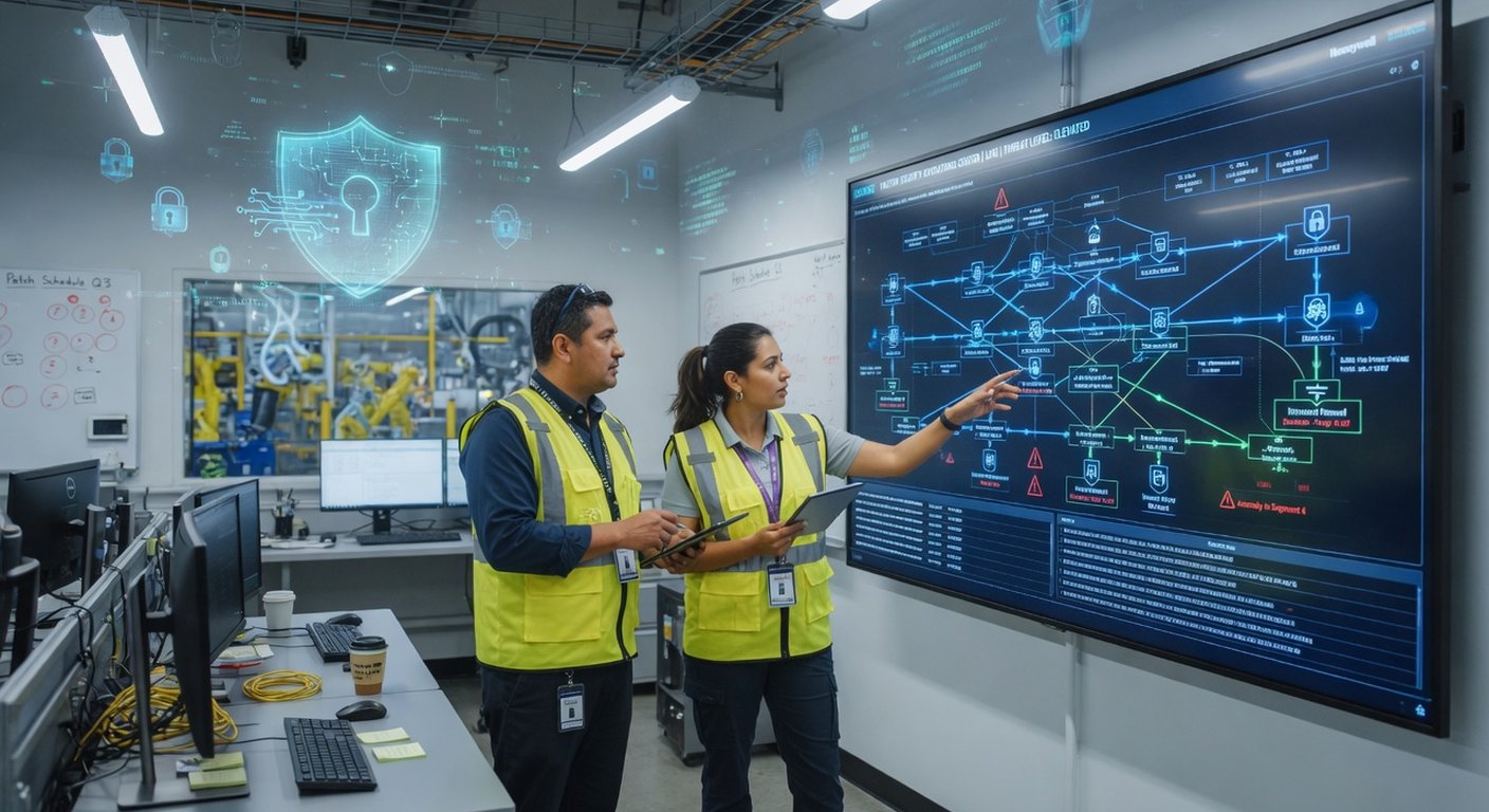 Dos ingenieros industriales frente a un panel de control en una fábrica, con hologramas de ciberseguridad y protección digital sobre la maquinaria