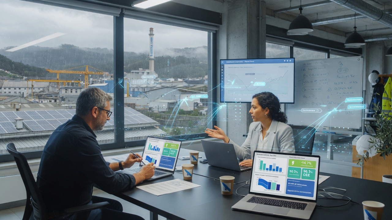 Profesionales industriales en Galicia revisando dashboards de eficiencia energética y certificados de ahorro (CAEs)