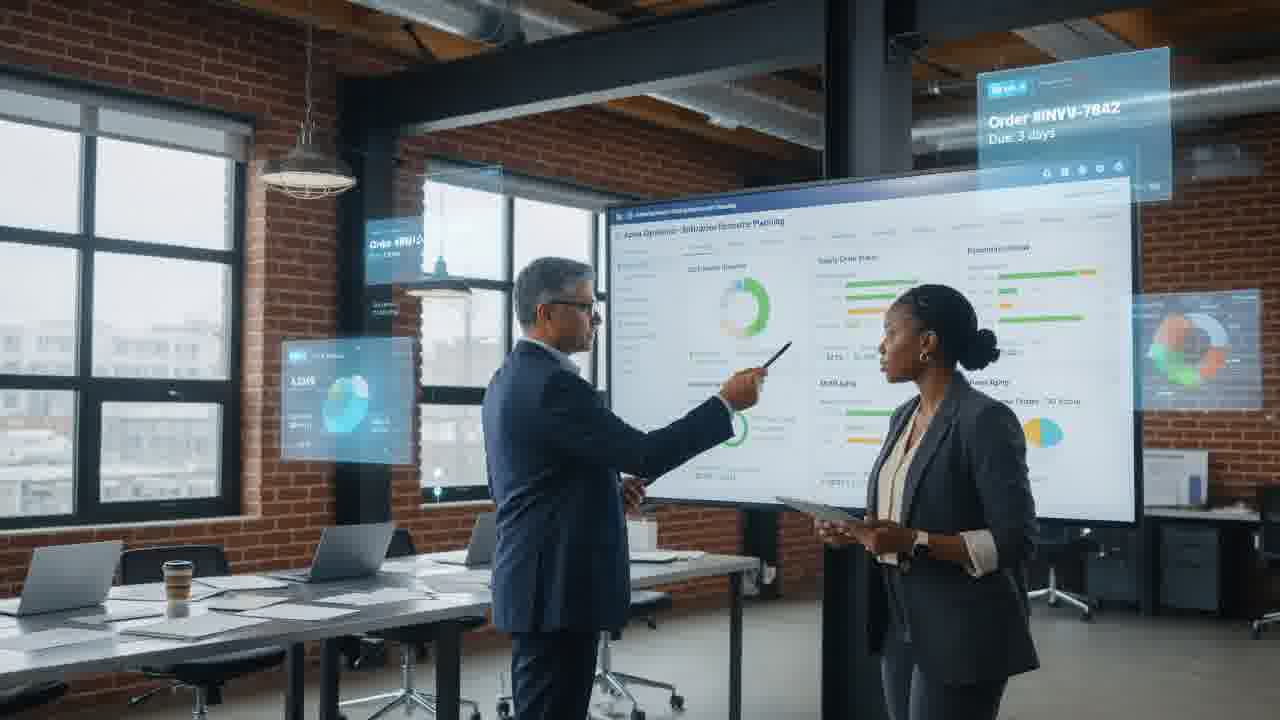 Dos profesionales de una pyme industrial revisando datos en pantallas con un dashboard ERP, oficina moderna con luz natural