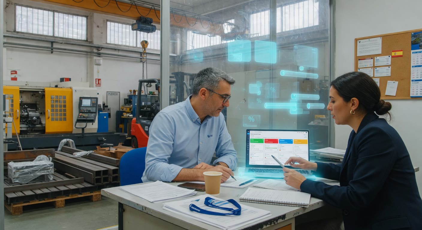 Ingeniero de ventas y directora comercial de una pyme industrial revisando el pipeline de su CRM en un portátil, con la planta de producción al fondo