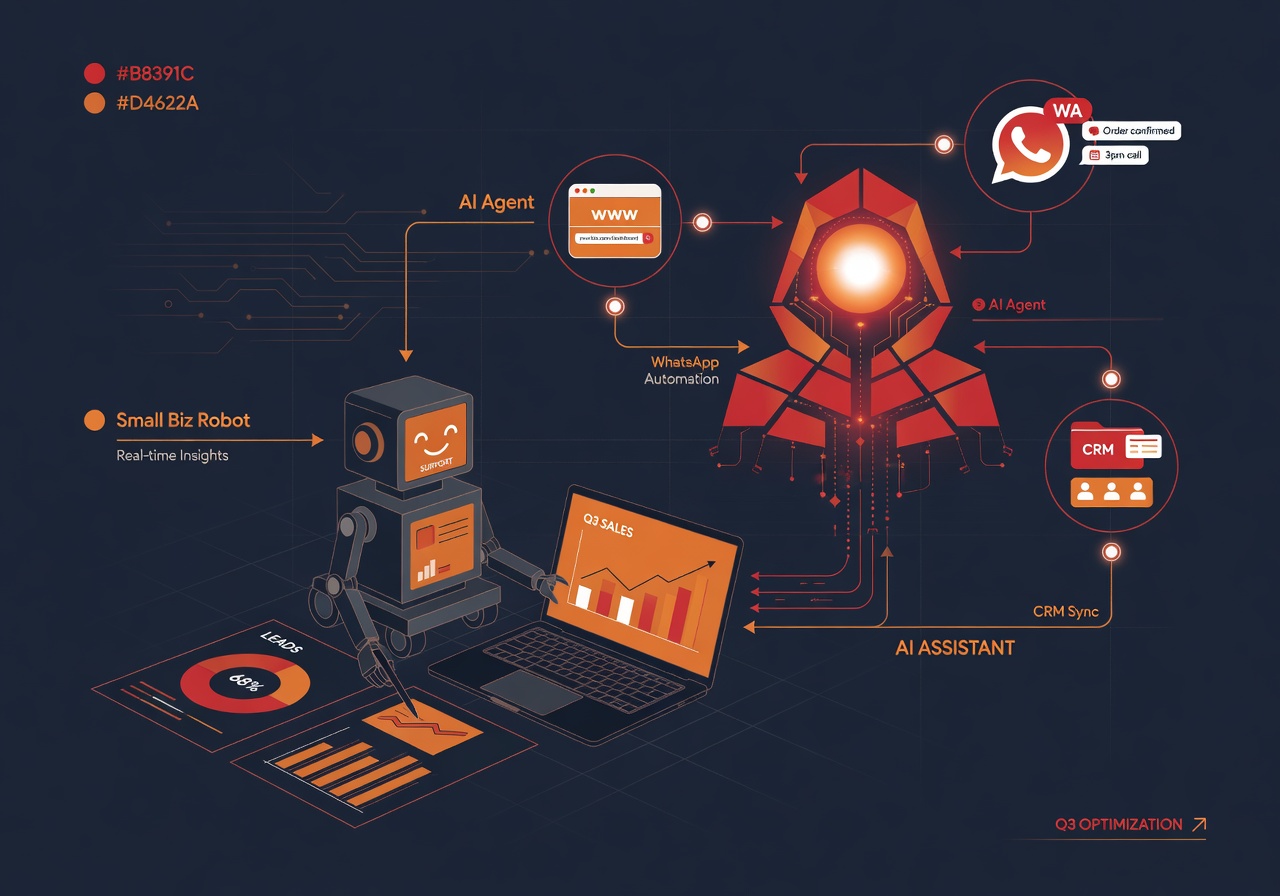 Ilustración: agente de IA para pymes en 2026, mostrando robot asistente conectado a WhatsApp, web y CRM con gráficos de costes y ROI