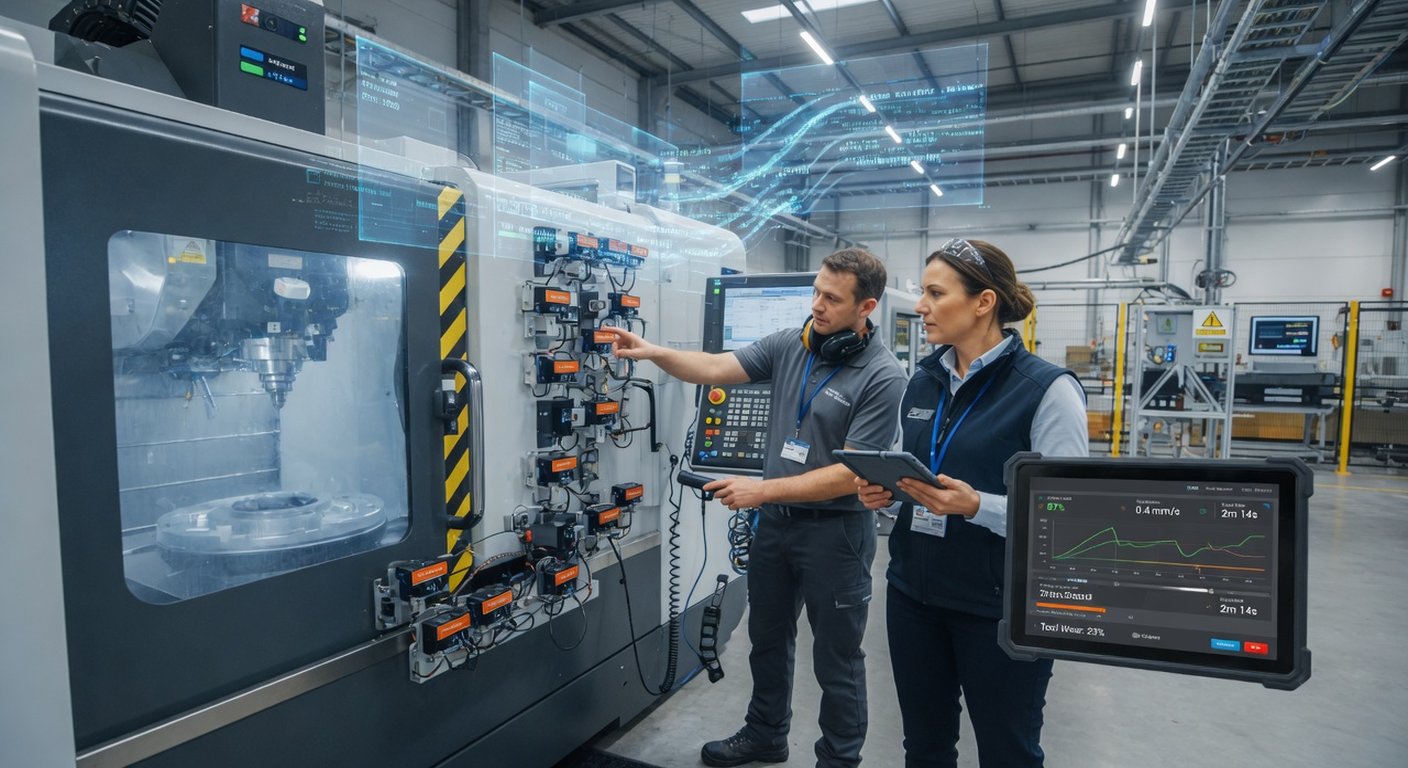 Dos ingenieros, una mujer y un hombre, revisan el panel de control de una máquina conectada y la documentación de firmware en un portátil dentro de una nave industrial