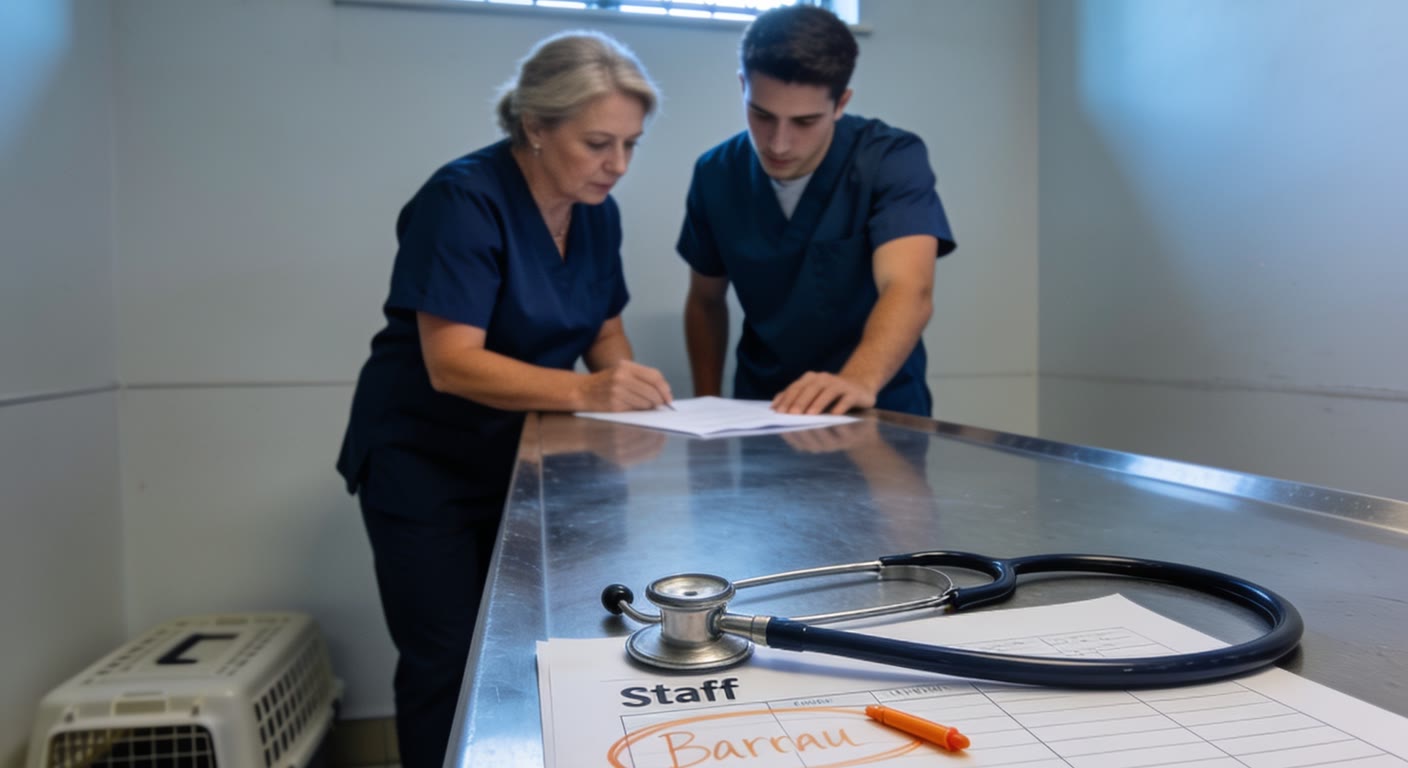 A veterinary practice owner and a young assistant in blue scrubs reading a printed staff rota on a stainless-steel bench, with a stethoscope resting on the sheet