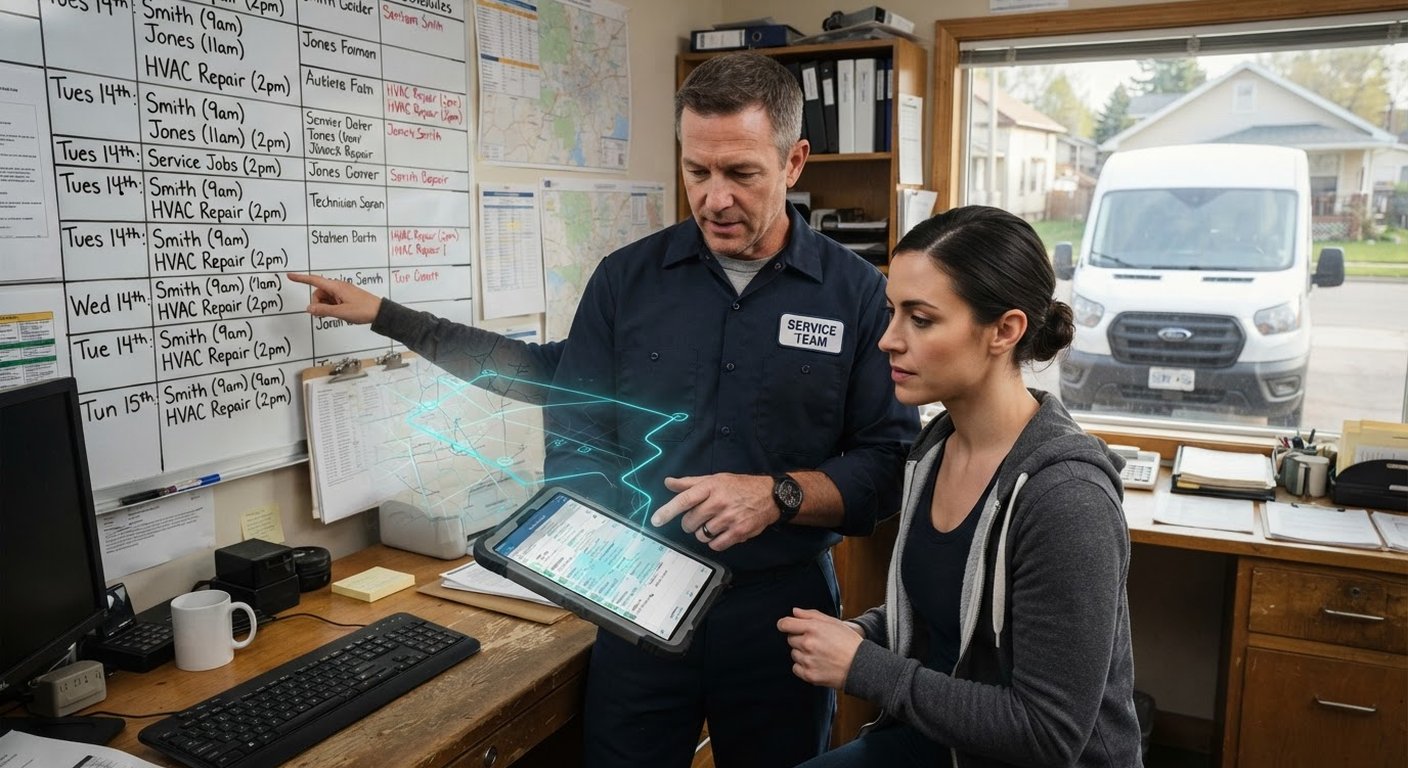 Field-service team reviewing a digital schedule