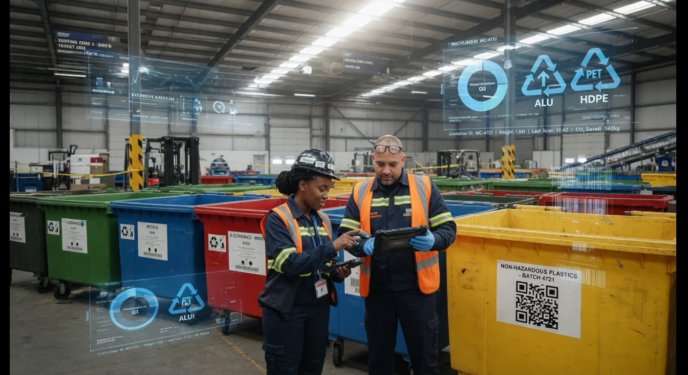 Dos profesionales de industria consultando un panel digital con datos de gestión de residuos en una nave industrial