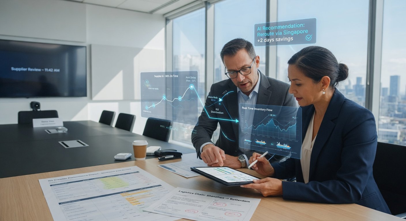 Dos empresarios revisando documentos de proveedor y logística en una tableta en una sala de reuniones con interfaces de datos en el aire