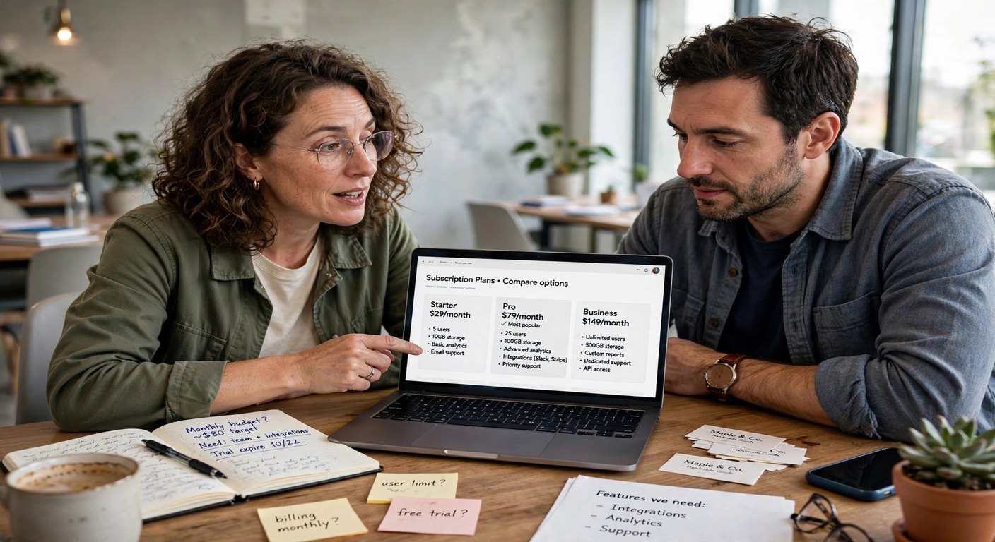 Two small-business colleagues reviewing Microsoft 365 options on a laptop