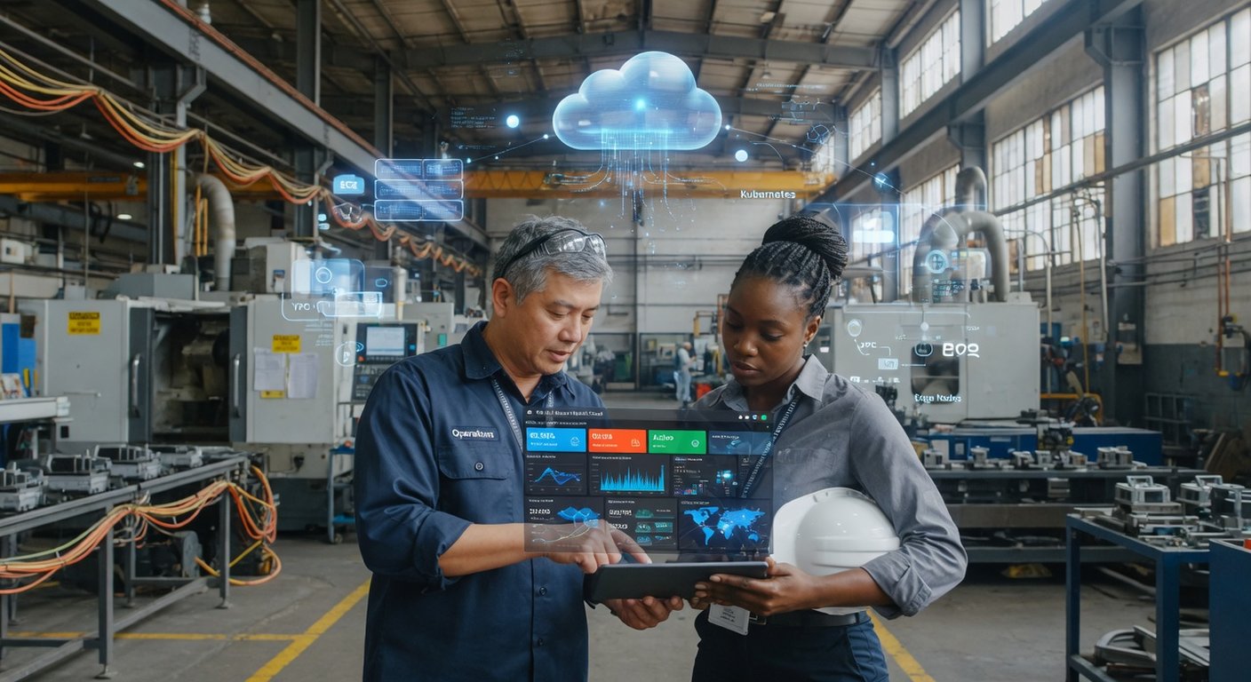 Dos personas en una nave industrial, una mujer y un hombre, revisando datos en una tablet con interfaz cloud flotando en holograma azul-cyan
