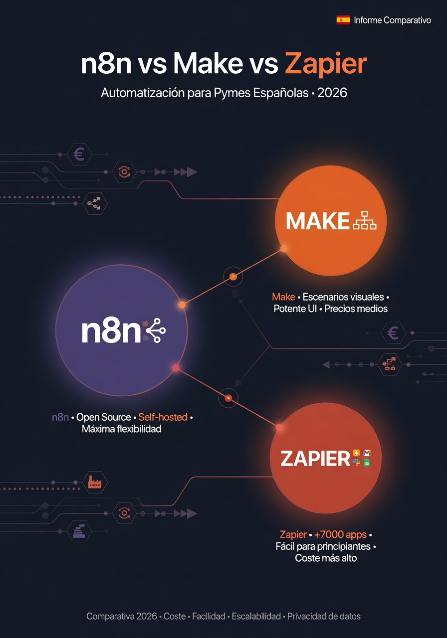 Ilustración comparativa: n8n, Make y Zapier como tres plataformas de automatización interconectadas, estilo tech minimalista oscuro
