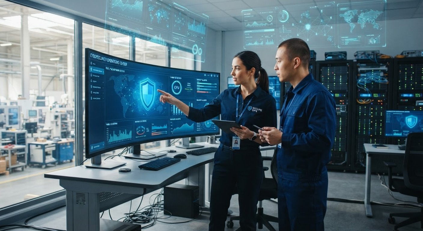Dos ingenieros en una sala de control industrial frente a un monitor con un panel de ciberseguridad y elementos holográficos azules flotando