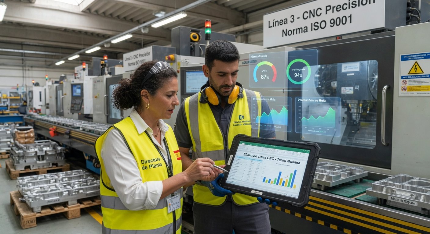 Responsable de planta y operario revisando datos de eficiencia OEE en una tablet junto a una línea de mecanizado