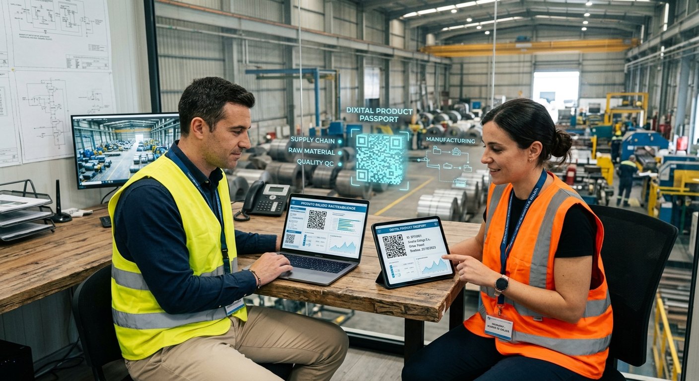 Dos ingenieros industriales, un hombre y una mujer, revisan datos de trazabilidad de producto en una fábrica de metal en Galicia, con elementos holográficos de un pasaporte digital de producto