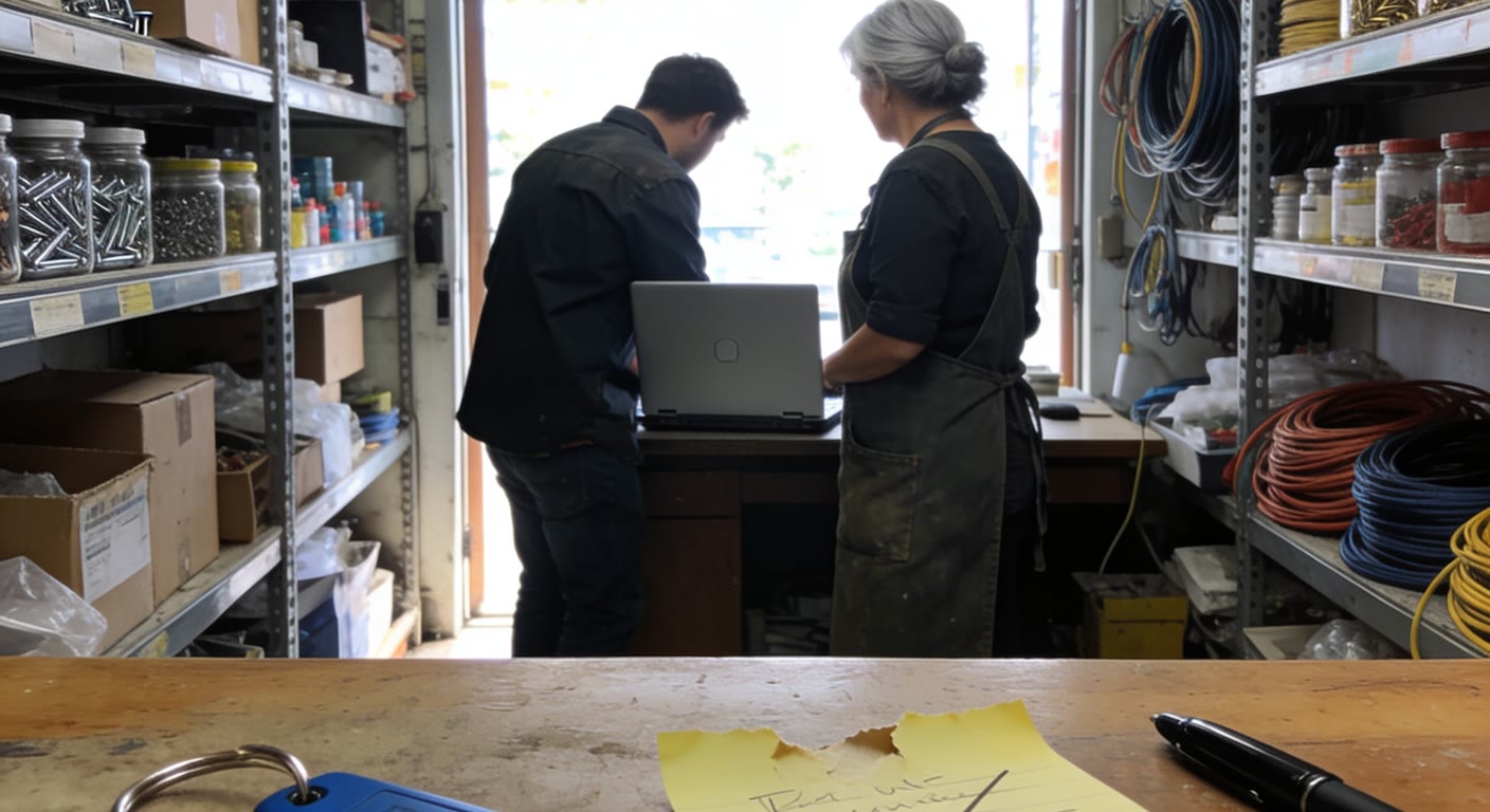 Two people seen from behind in the back room of a small hardware shop, looking at a laptop, with a blue USB security key and a torn note of handwritten passwords on the counter in front