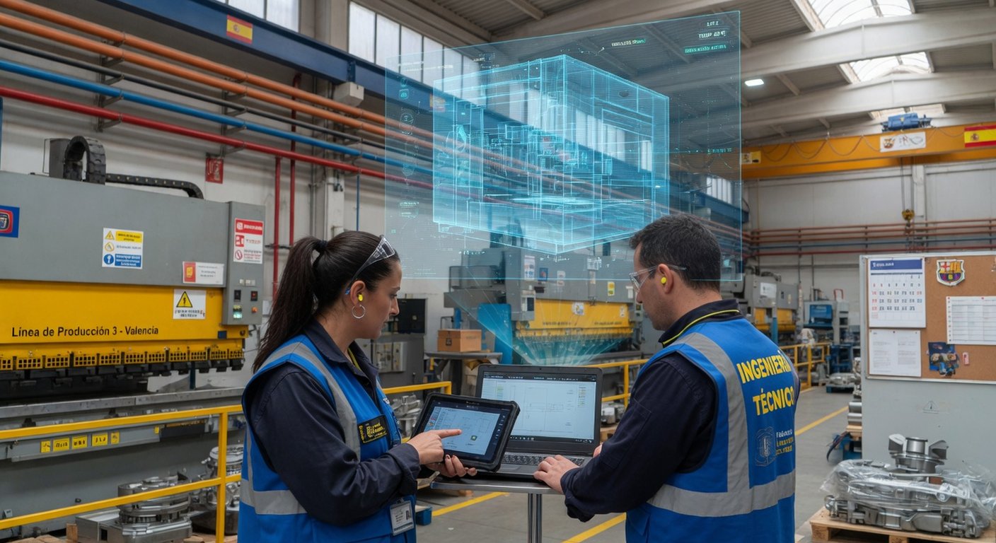 A Galician industrial business owner and the next generation reviewing factory processes together using digital tools