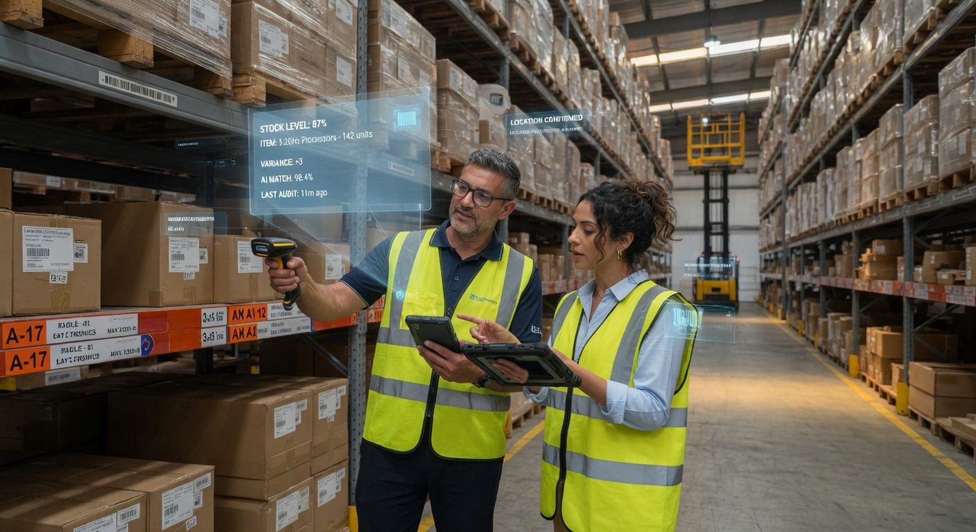 Un operario con lector de códigos de barras y una responsable con tablet revisando stock en un almacén industrial con estanterías de palets