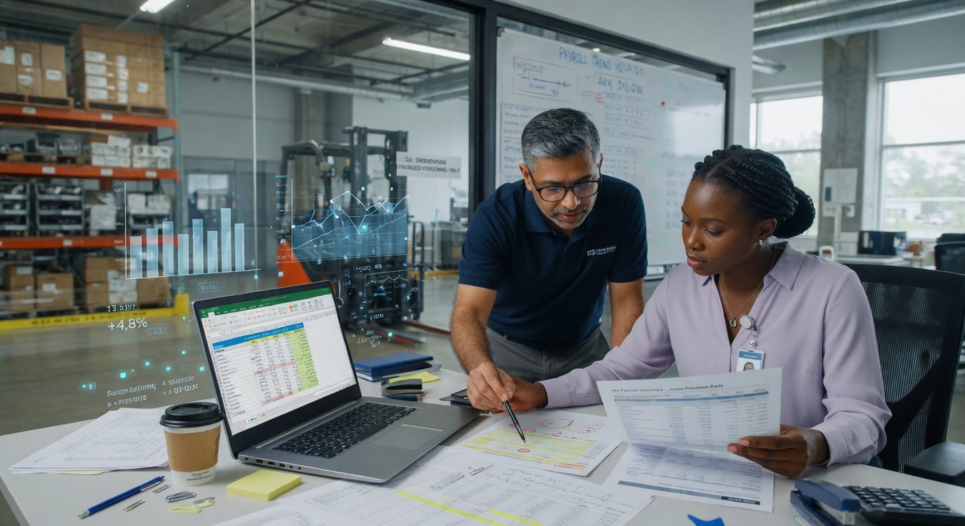 Dos personas, un hombre y una mujer, revisando datos salariales en un portátil en la oficina de una pyme industrial