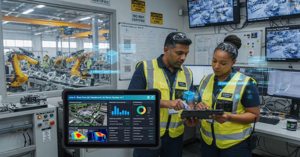 Operarios en planta industrial revisando un panel de control con visión artificial e IA para detectar defectos de producción