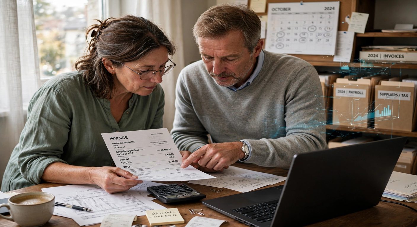 Small business owner and their accountant standing at a back-office desk checking a printed invoice next to a laptop angled away from the camera