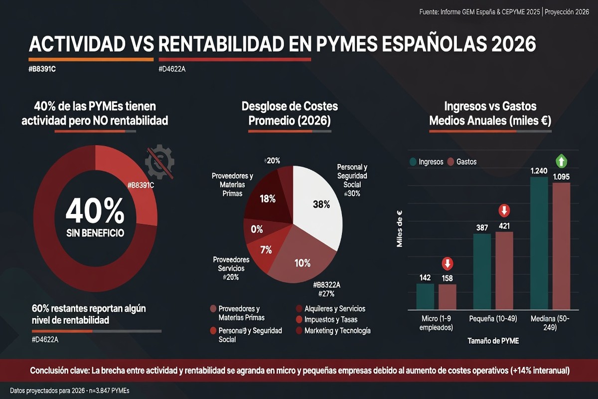 Infografía: Actividad vs Rentabilidad en pymes españolas 2026. 40% tienen actividad pero no rentabilidad. Desglose de costes ocultos y comparativa ingresos vs gastos