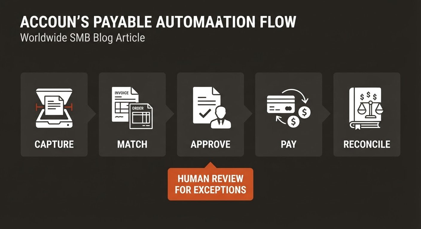 Infographic showing the accounts payable flow from capture through match, approve, pay, and reconcile, with human review for exceptions