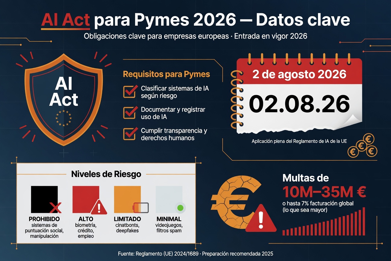 Infografía: AI Act para Pymes 2026 — Fecha límite 2 agosto 2026, 4 niveles de riesgo, multas de hasta 35M€, checklist de cumplimiento