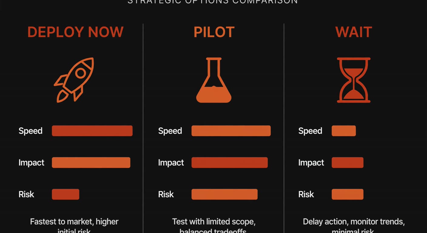 Infographic comparing three AI adoption options side by side: deploy now, pilot, and wait, with the trade-offs of each