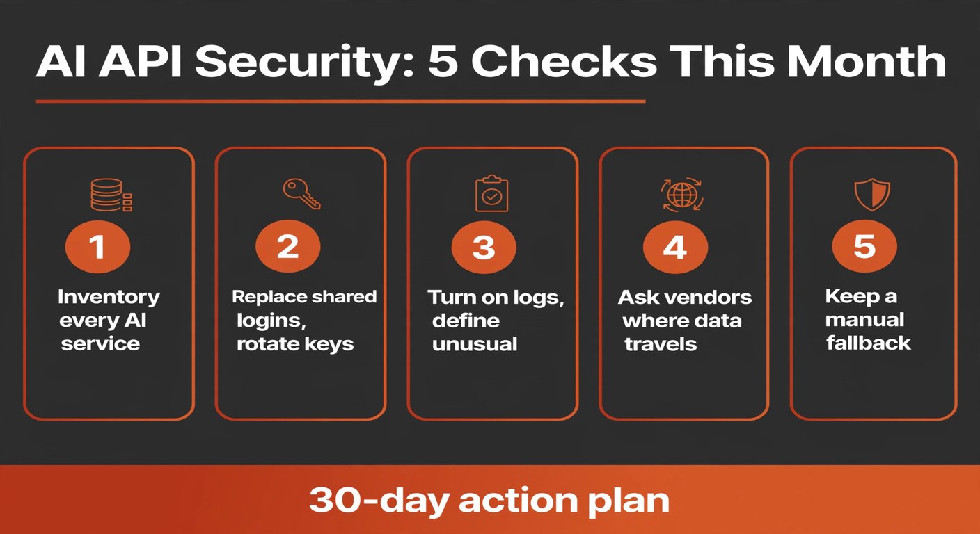 Infographic listing five AI API security checks for a small business: inventory every AI service, replace shared logins and rotate keys, turn on logs and define what unusual means, ask vendors where data travels, and keep a manual fallback, under a 30-day action plan