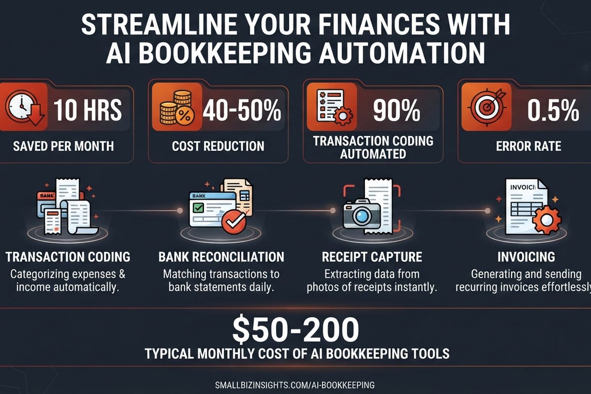 Infographic showing AI bookkeeping for small business: which tasks are automated, typical monthly cost, and time saved per month