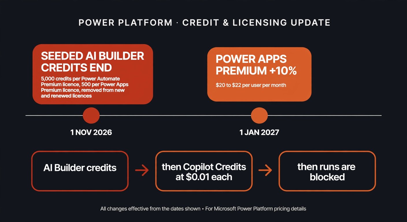 Timeline of the Microsoft Power Platform changes: seeded AI Builder credits are removed from new and renewed licences on 1 November 2026, Power Apps Premium rises from 20 to 22 dollars per user per month on 1 January 2027, and AI Builder actions fall back from AI Builder credits to Copilot Credits at one cent each before being blocked