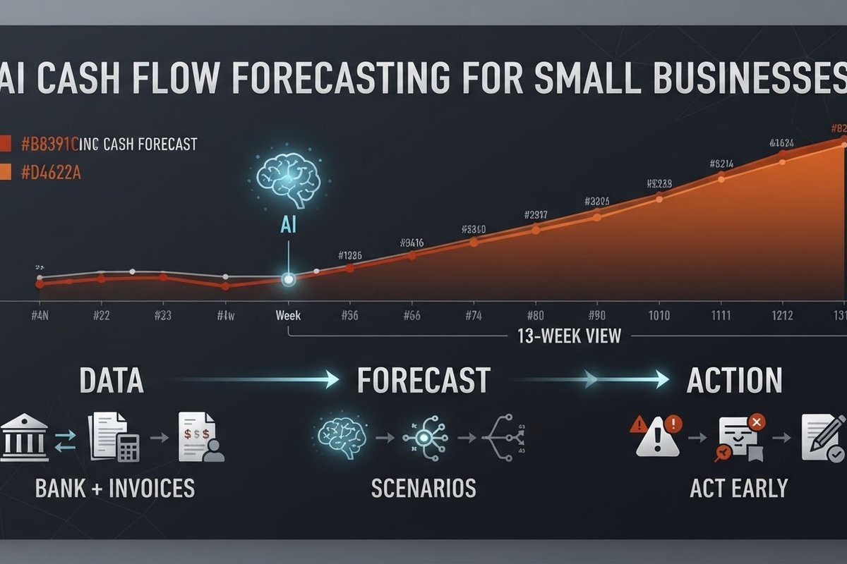 Infographic showing a 13-week cash-flow forecast built from bank data and invoices, with scenarios and early alerts