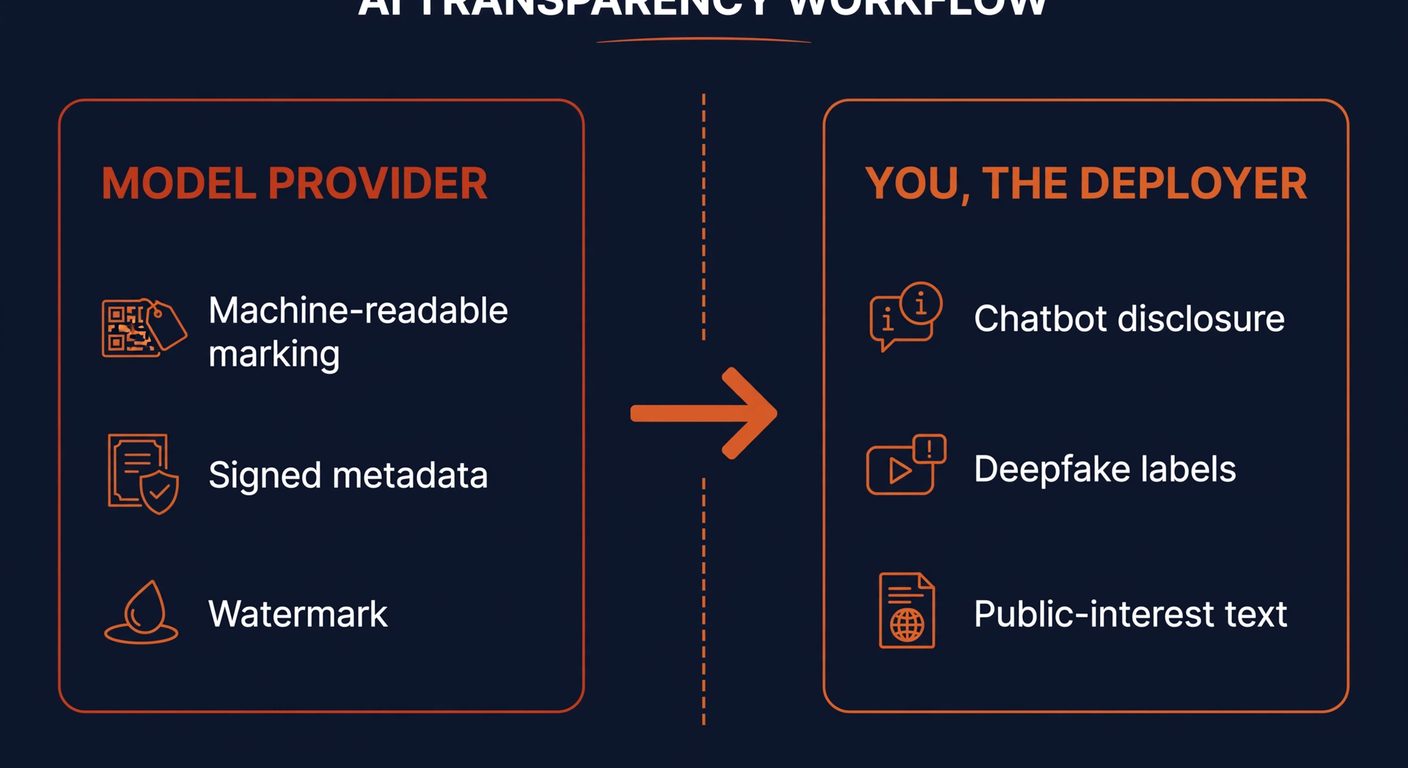 Infographic splitting AI transparency duties into two columns: the model provider marks outputs in a machine-readable way, the deployer discloses AI to people where the law requires it