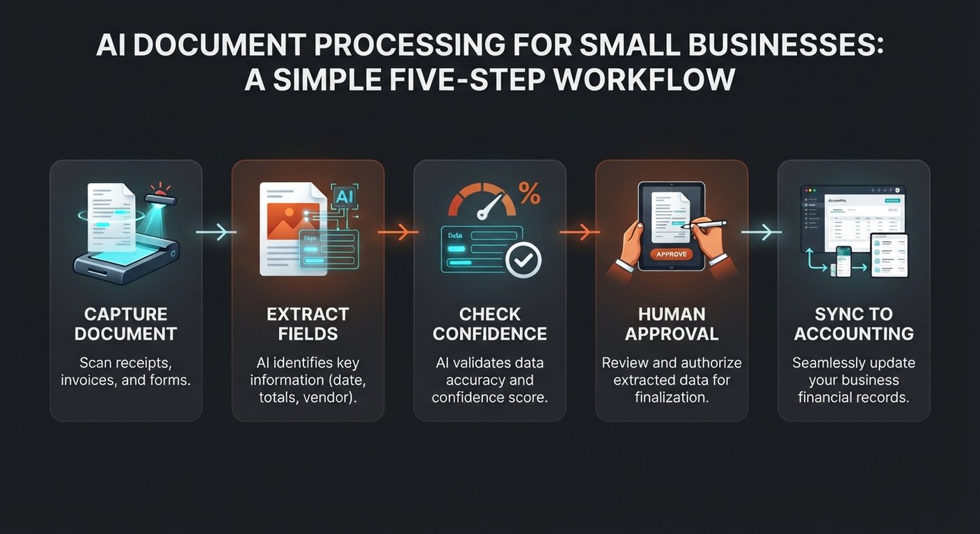 Five-step AI document processing workflow from document capture to human approval and accounting sync