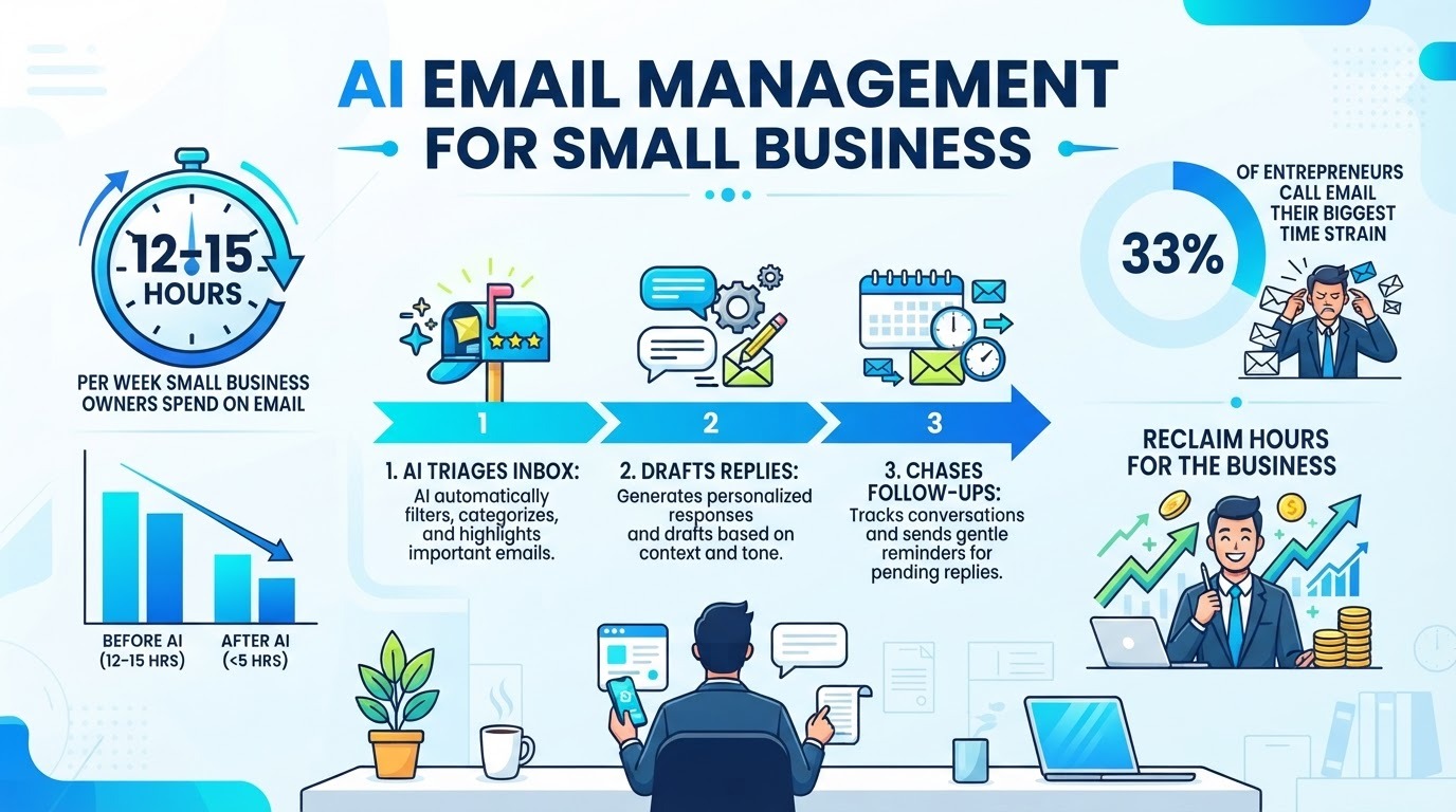Infographic: AI email management turns 12-15 hours of weekly inbox work into prioritized, drafted, and followed-up threads, with time reclaimed for the business