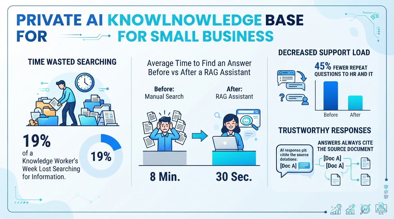Infographic: how a private AI knowledge base for small business saves time, from hours lost searching to seconds per answer with cited sources
